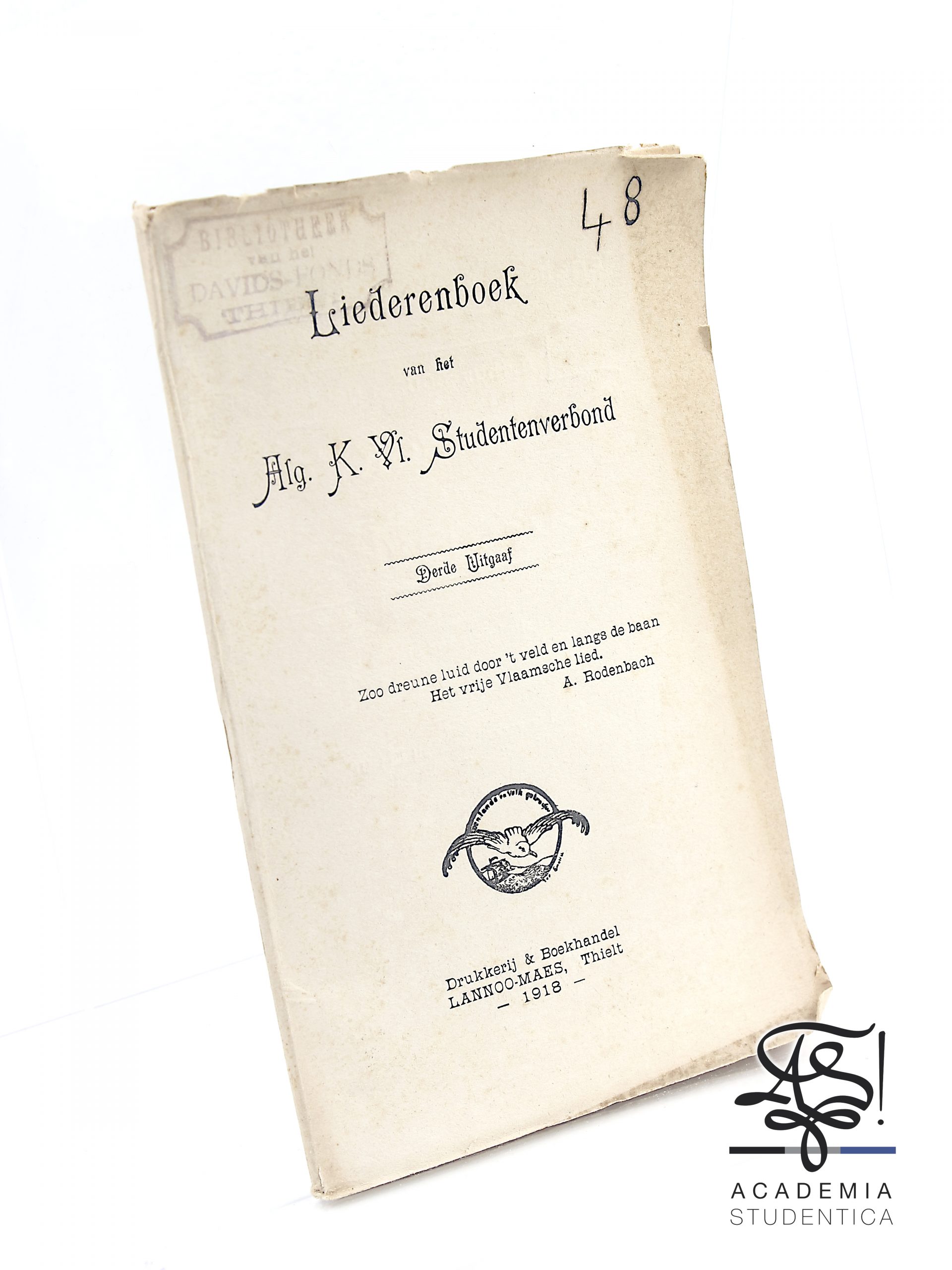 Read more about the article Liederenboek van het Alg. K. Vl. Studentenverbond, Derde Uitgaaf, Drukkerij en Boekhandel Lannoo-Maes, Belgium, Tielt, 1918.